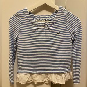 Girls Vineyard Vines blue and white stripe top with cotton ruffle at waist.Small